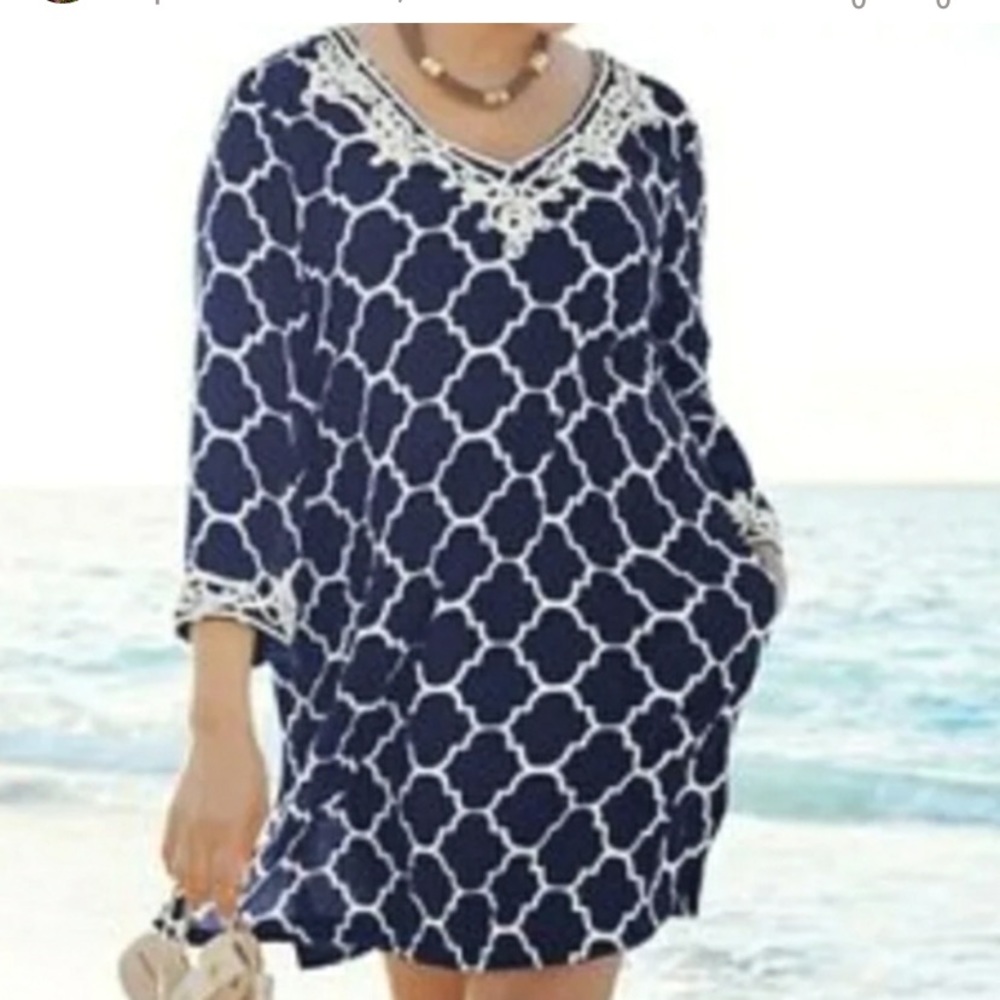 Land's End Beach Cover-up Tunic Blue and White Embroidered Women's